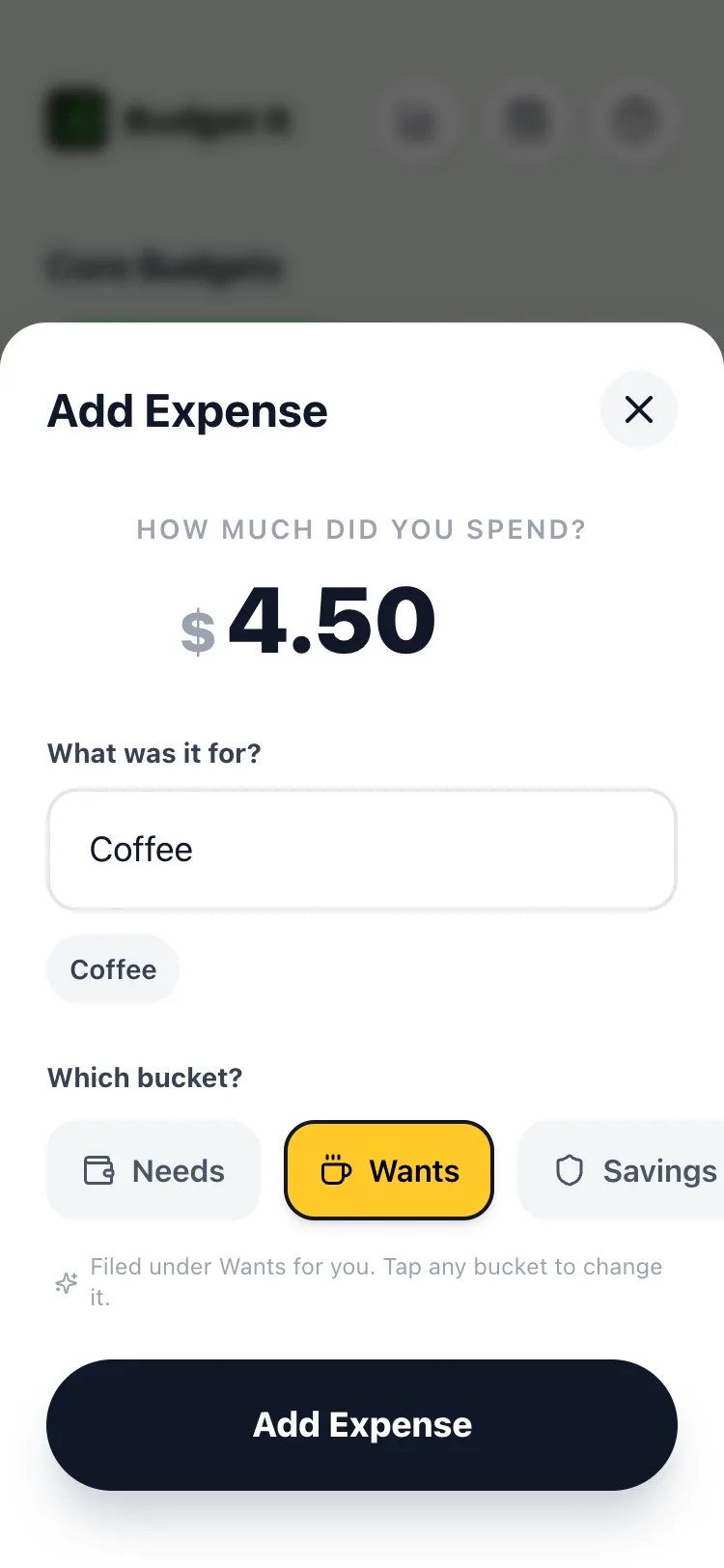 Adding a $4.50 coffee: Budget It auto-files it under Wants